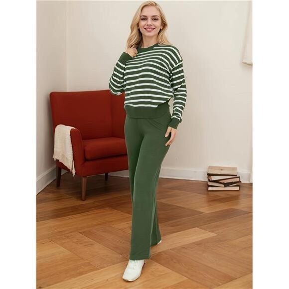 NEW -  Green  Women'S Knit Sweater Set - Pullover Striped Top With Long Pants - Picture 3 of 7